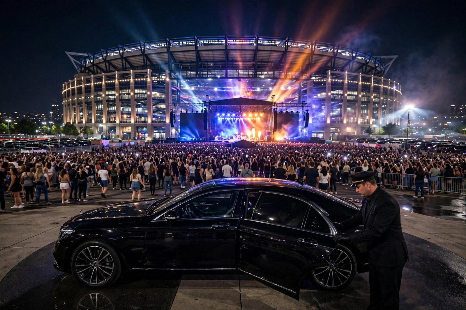 Black luxury sedan with chauffeur outside MetLife Stadium at night during a concert